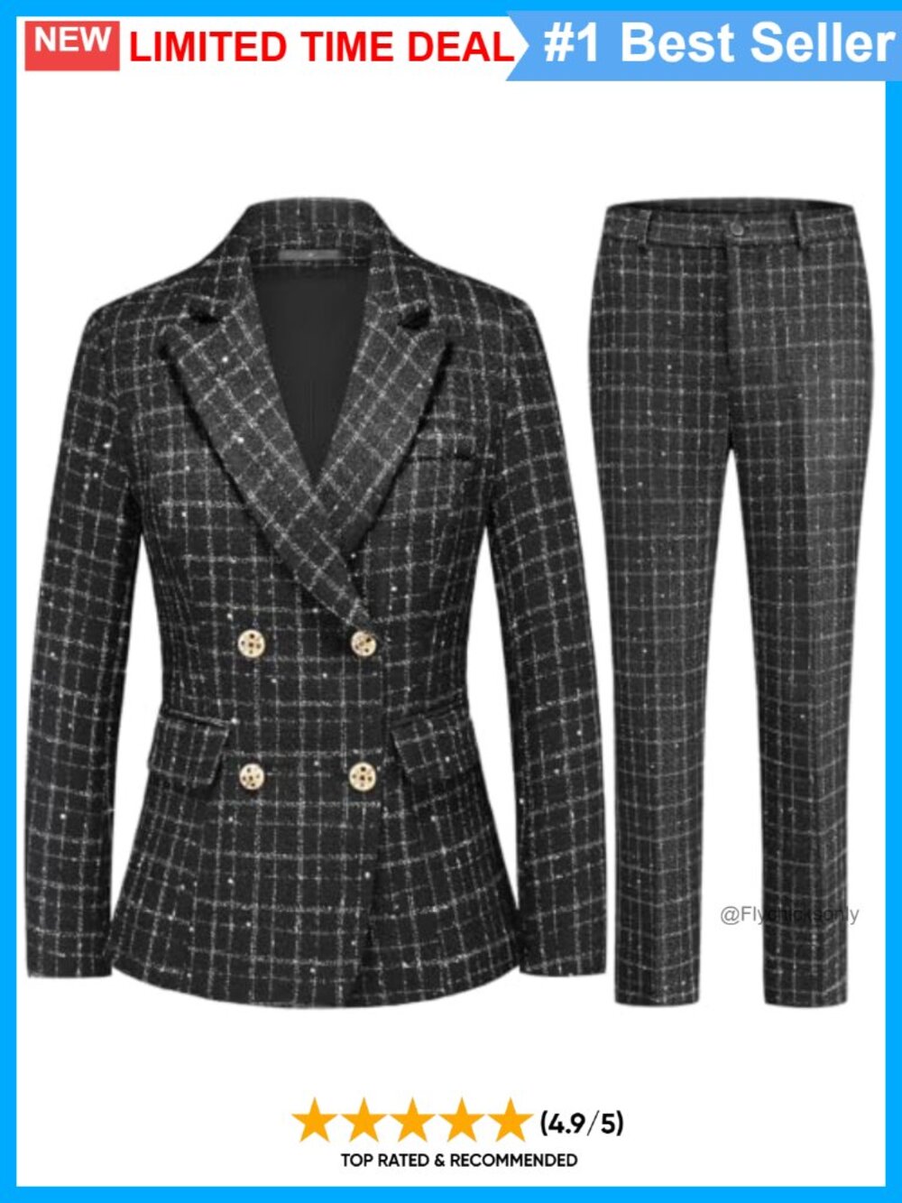 Tweed Double Breasted Plaid Blazer Pantsuit Set Office Wear
